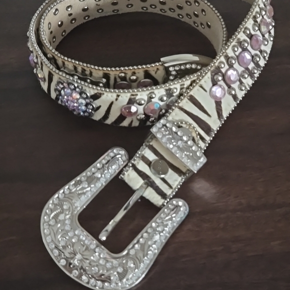 BHW Accessories - BHW Pink Rhinestone Leather Zebra Print Belt Size M